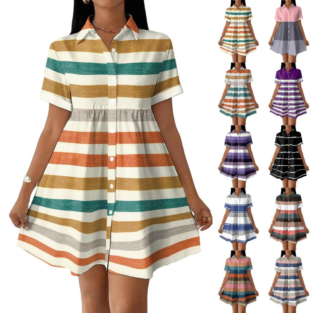 Women Loose Fit Shirt Dress Button Front Stand Collar Short Sleeve Casual Dress with Stripe Print for Daily Wear