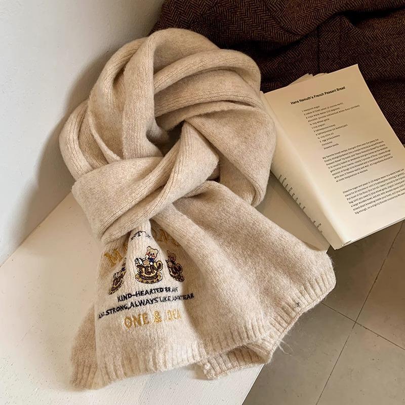 

Cute Bear Embroidered Wool Scarf for Women Winter High End Japanese All Match Warm Wool Knitted Student Scarf