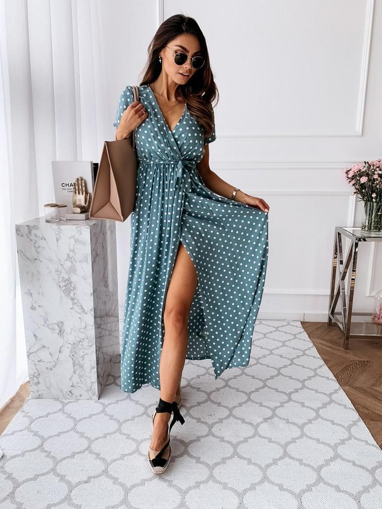 Summer V-Neck Bohemian Polka Dot Long Dress with Short Sleeves