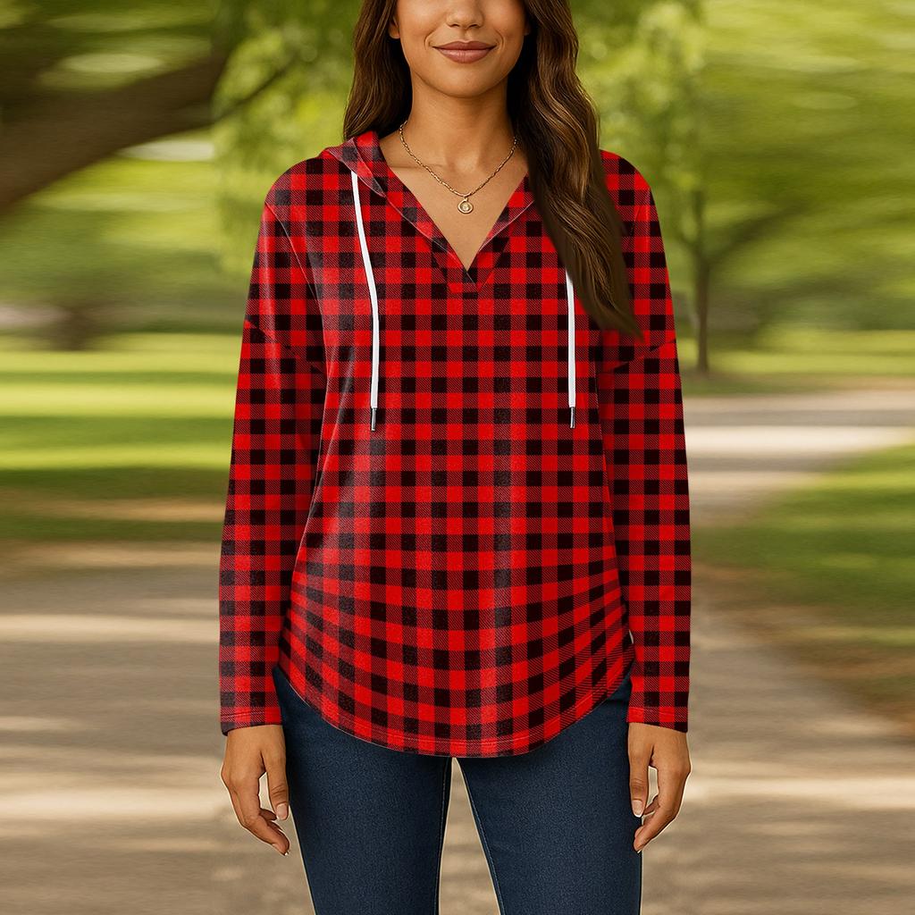 Damenmode Kapuzenpullover V-Ausschnitt Langarm Geblümter Kordelzug Lässig Locker Pullover Tops