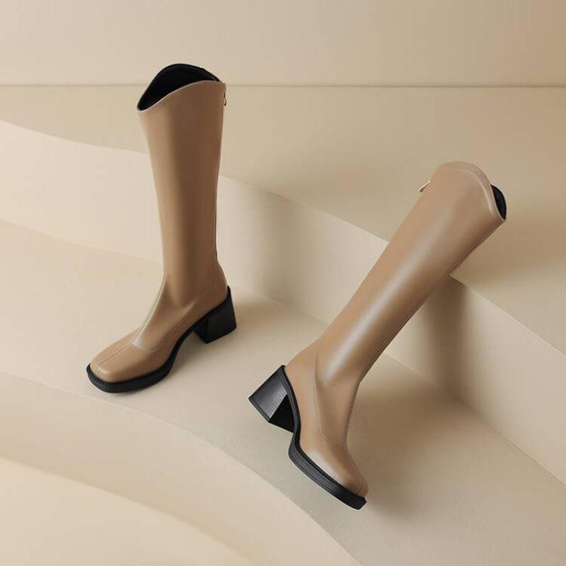 Autumn and winter women's leather Martin boots solid color comfortable platform high heels new square head rubber sole high boots women