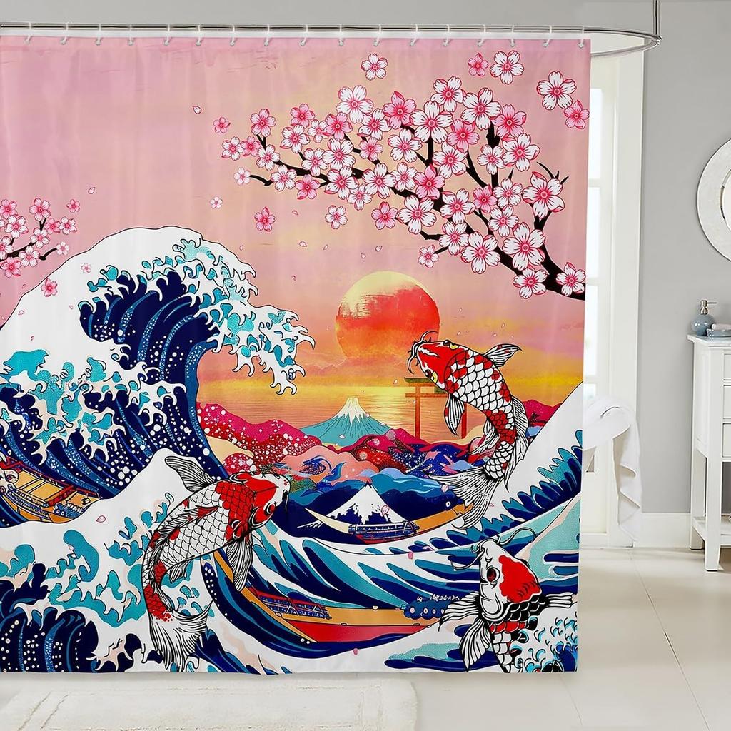 Erosebridal Dragon Bathroom Shower Curtain Sets Japanese Style Shower Curtain For Kids Boys Girls Ocean Wave Fabric Shower