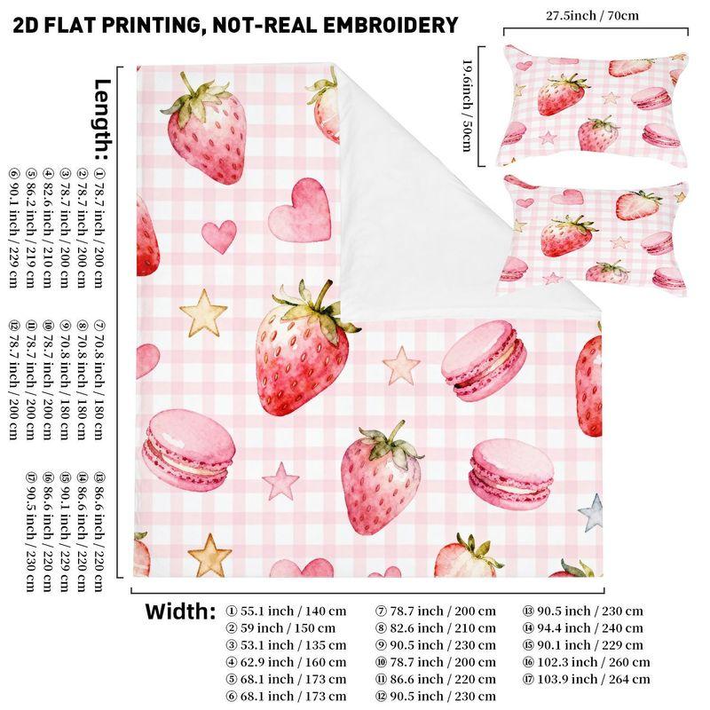 Printed Quilt Cover Pillowcase Three-Piece Set Watercolor Style,Strawberry Macaron Love Star Pink Plaid Pattern 135cmx200cm