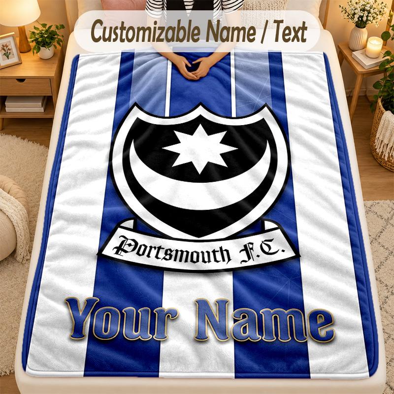 Flannel BlanketPortsmouth FC Custom Name Text Personalized Soft Warm Throw Blanket Home Decor Gift