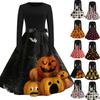 Women's Casual Halloween Print Vintage Round Neck Long Sleeve Dress Retro Fit and Flare Style with Waist Tie and Unique Pumpkin Pattern