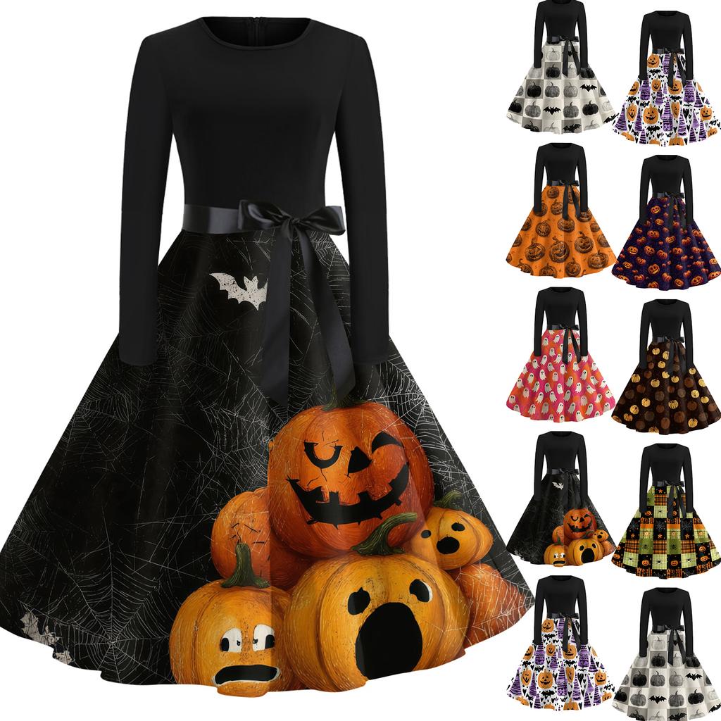 Women's Casual Halloween Print Vintage Round Neck Long Sleeve Dress Retro Fit and Flare Style with Waist Tie and Unique Pumpkin Pattern