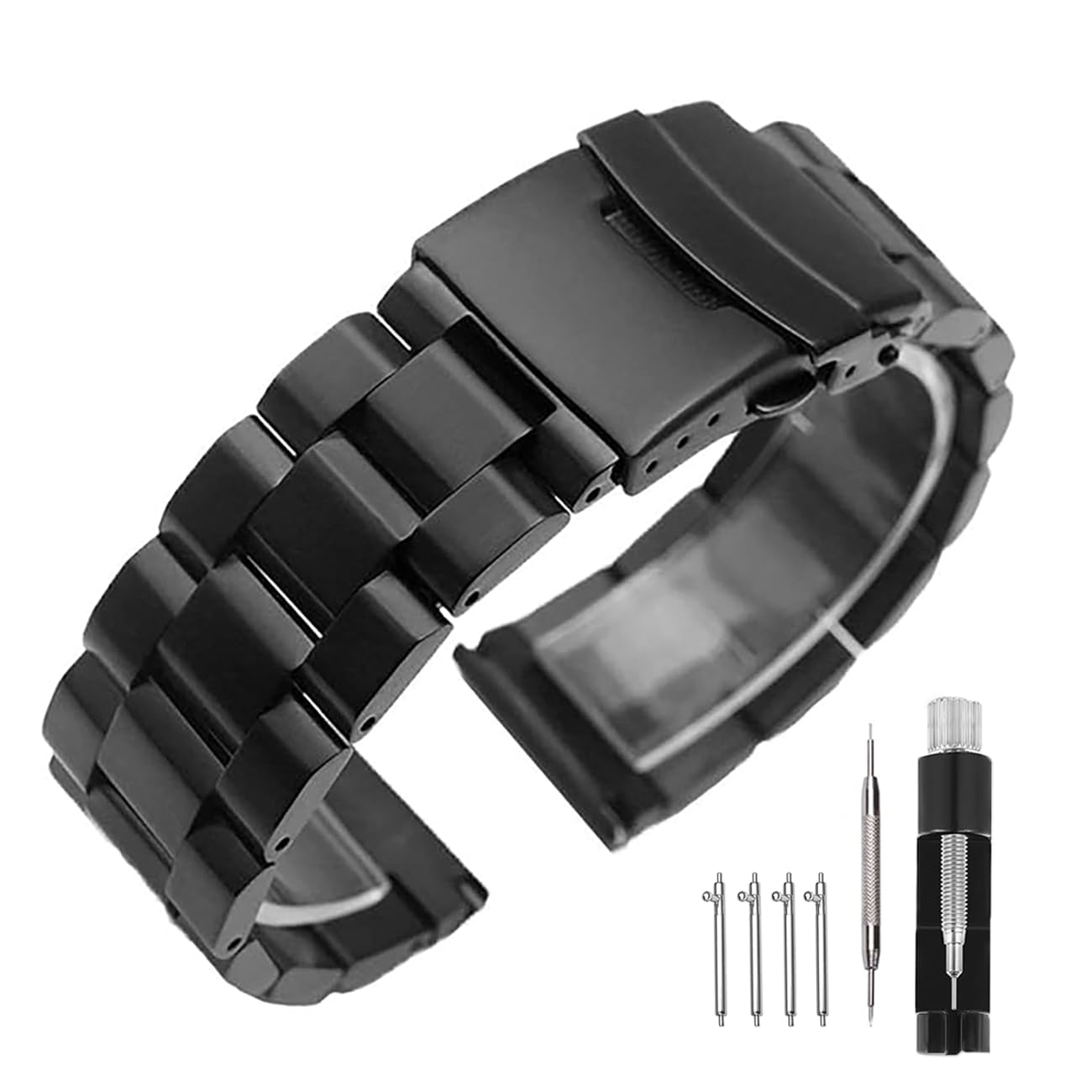 

[Kai Tian] 24mm Stainless Steel Watch Band, Black Quick-Release 3-Row Design Unisex Watch Band