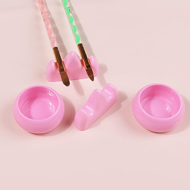 3 Piece Acrylic Manicure Brush Holder Set with Nail Polish Cleaning Cup and Gel Blending Palette, Cute Pink and Blue Gel Blending Palette