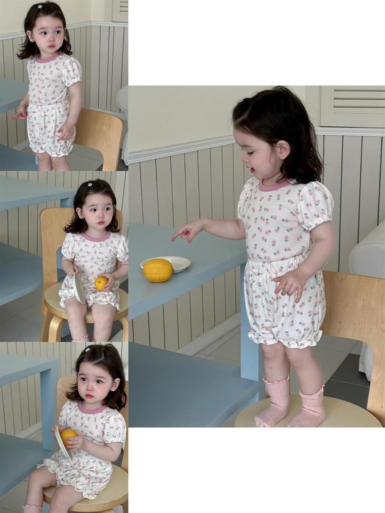 Niedliches Sommer-Pyjama-Set für Mädchen im koreanischen Stil, leichtes Outfit mit floralem Print und Shorts