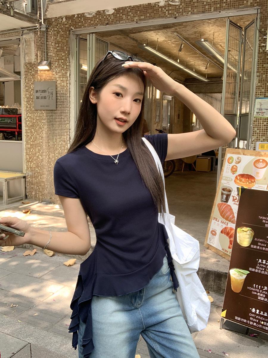 

Navy blue round neck irregular hem lotus edge short-sleeved T-shirt women s summer new summer thin top S темно-синий