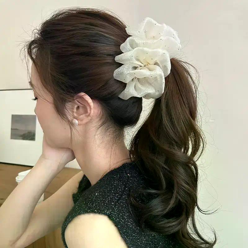 Elegant Flower Hair Clip – Resin Bow Mesh Ponytail Holder Korean Style Solid Color Gift