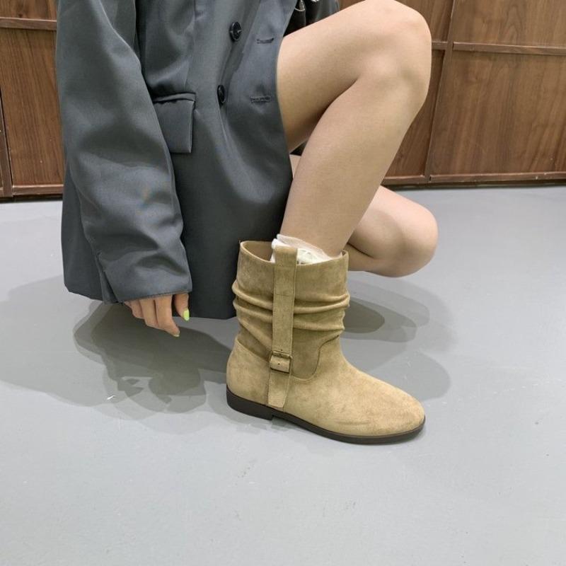 Simple design retro style flat bottom Martin boots women's autumn and winter wear suede round head commuting versatile medium boots