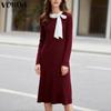 VONDA Autumn Women Long Sleeve Stitching Texture Rib Knitted Casual Bodycon Long Dress