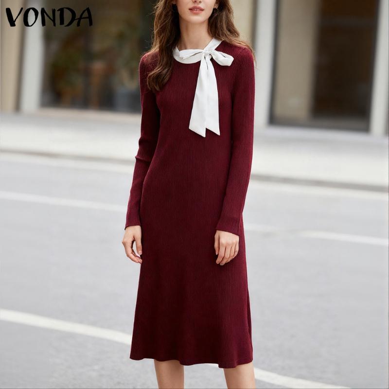 VONDA Autumn Women Long Sleeve Stitching Texture Rib Knitted Casual Bodycon Long Dress