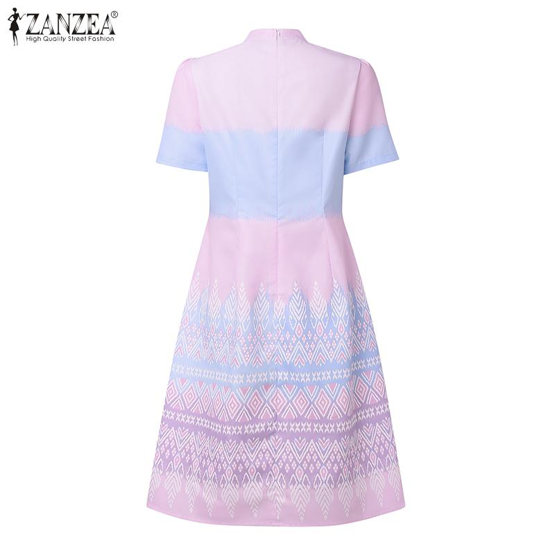 ZANZEA Women Summer Stand Collar Casual Short Sleeve Print Dress