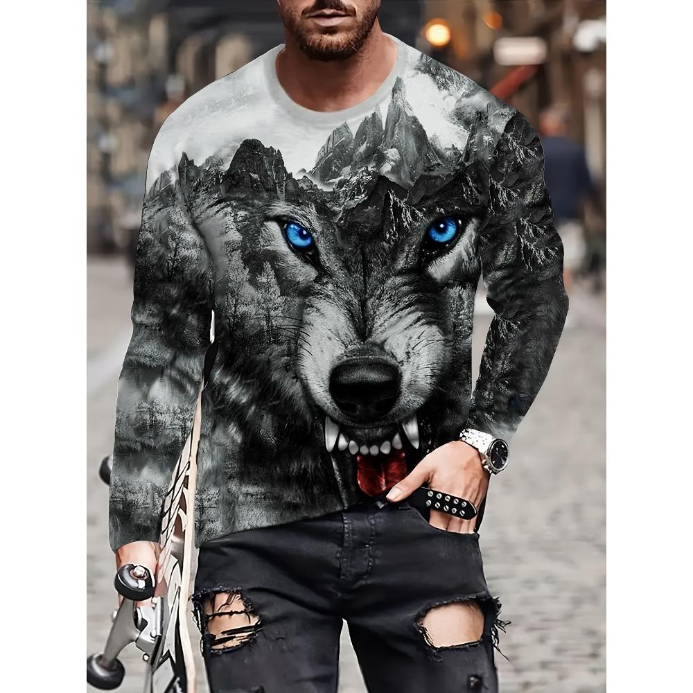Camiseta Masculina Estampada em 3D com Padrão de Lobo Tops Casual Confortável Manga Longa Camiseta Moda Masculina e Feminina Camiseta de Verão
