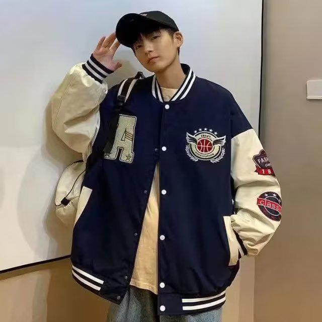 Men's Trendy Hong Kong Style Embroidered Baseball Jacket for Spring and Autumn