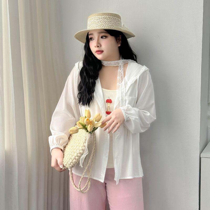 

Plus size women clothing [Love Summer Style Wear] Chubby Girl Summer Lightweight Hood Loose Split Shirts Sun Protection Shirt Outerwear