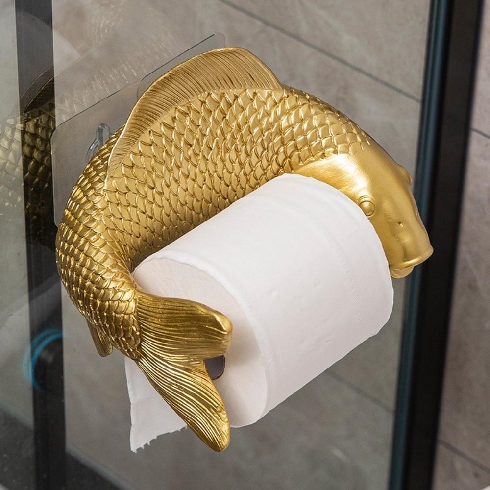 Golden Carp Toilet Paper Roll Holder Wall-Mounted Vintage Toilet Paper Rack Waterproof Plastic Punch-Free Tissue Paper Shelf