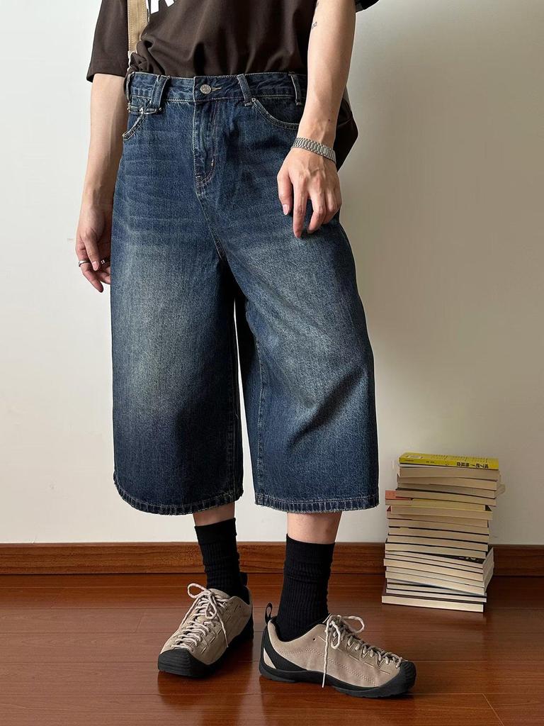 Unisex American Denim Shorts - Casual Summer Wear, Loose Fit, High Street Style, Cropped Wide-Leg Pants