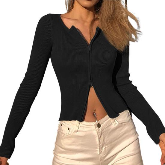 

Women Shirt Solid Color Double Zippers Long Sleeves Cardigan V Neck Whorl Slim Fit Anti-shrink Yoga Blouse for Home S чорний