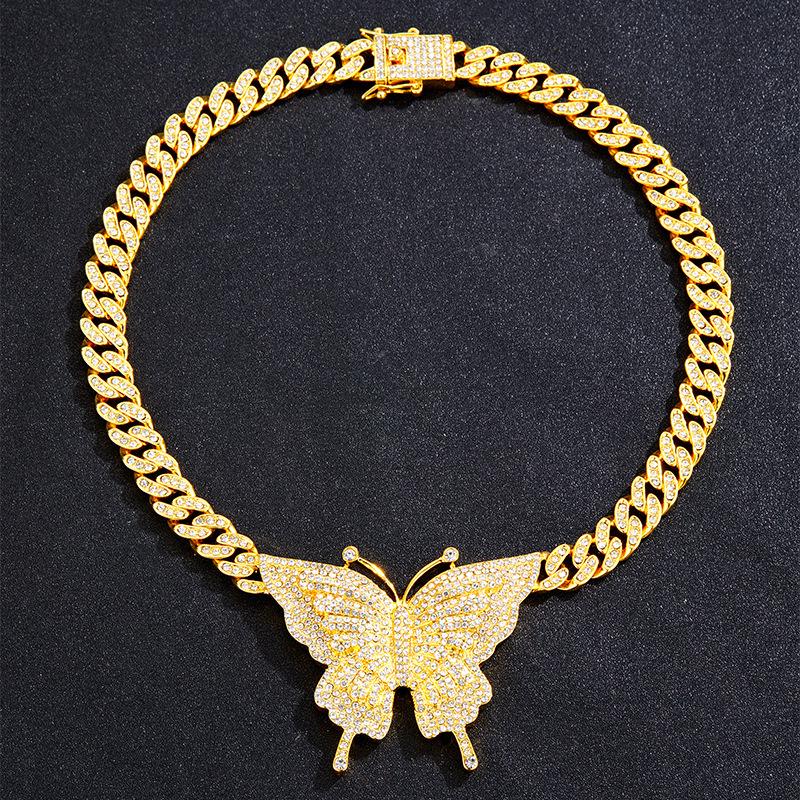 European American Hip Hop Cuban Chain Butterfly Necklace with Diamonds - Women's Trendy Style