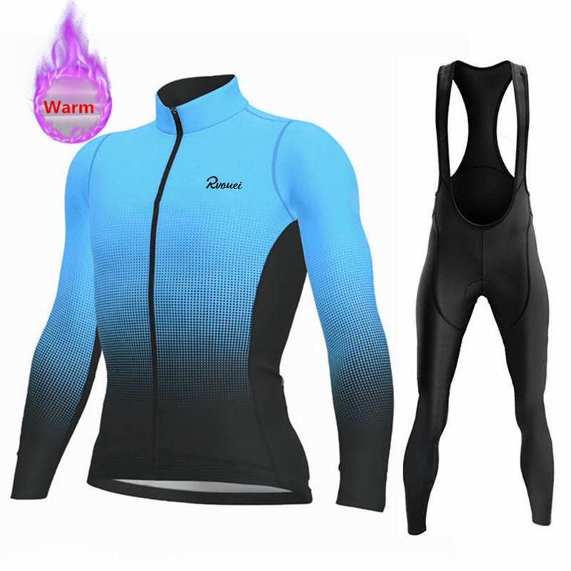Rvouei Winter Lange Mouw Thermisch Fleece Fietsjersey Set Koersbroek Ropa Ciclismo Fietskleding MTB Fietsjersey Uniform