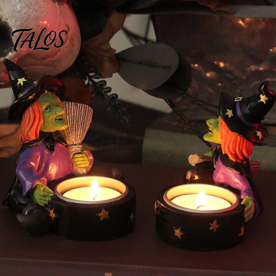 Halloween Skull Candlestick Holder Witch Resin Candle Holder, Spooky Star Cup Tealight Stand Decorative with Metal Heatproof Liner, Gothic Tabletop