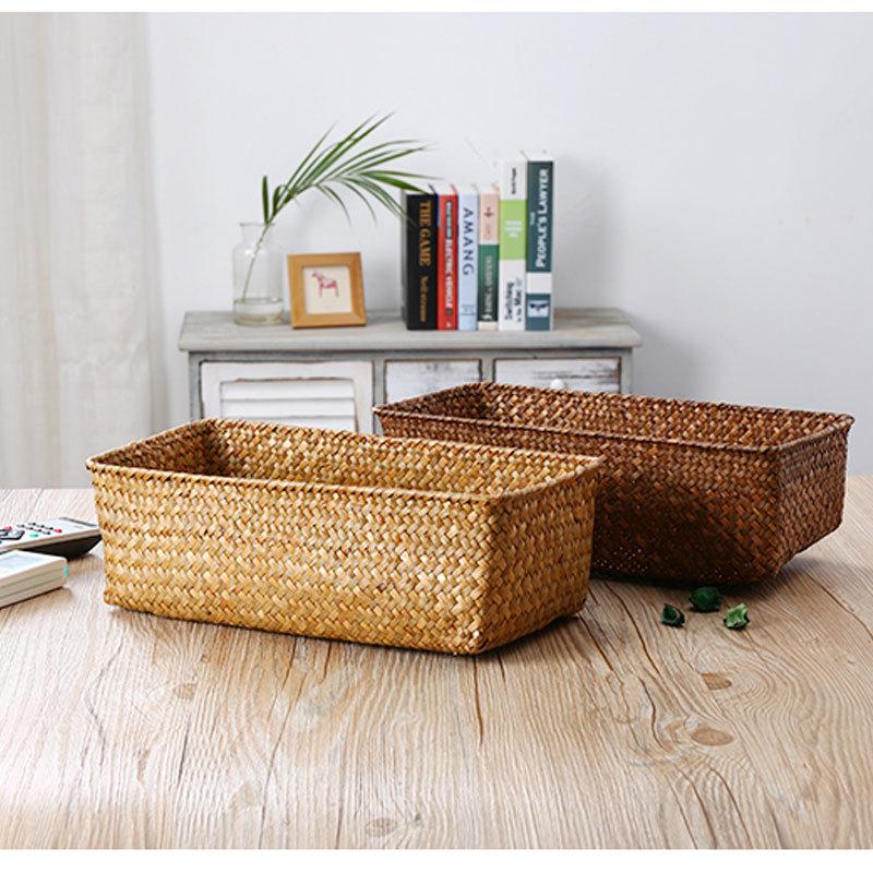 Large Home Storage Basket Box Grass Woven Rectangular Storage Container Sundries Kitchen Drawer Organizer