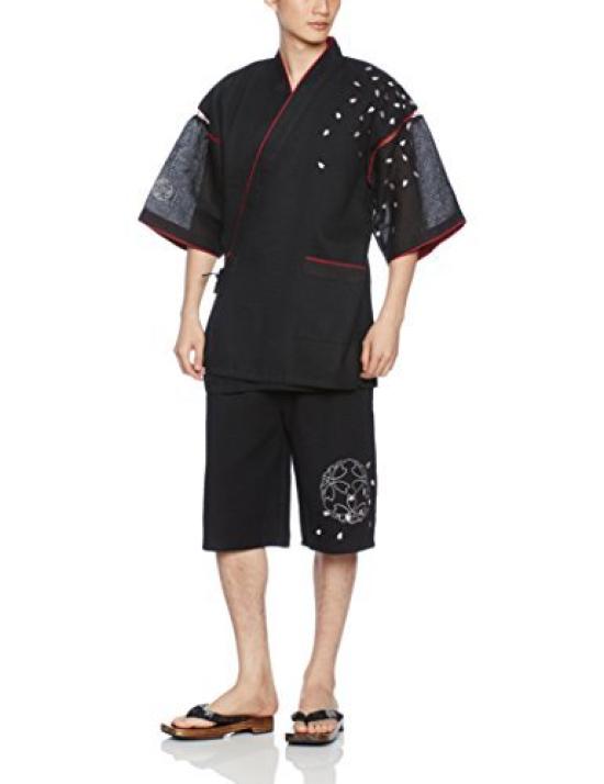 

Сараса Унисекс Тканый Джинбей Шиджира с Черной Вышивкой Сакуры, (Размер L) js-12 чёрный