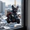 Unique Xmas Window Ornament Puppy Riding Motorcycle Car Pendant, 2D Flat Acrylic Rearview Fun Holiday Accessories Mirror Hanging Charm, Christmas