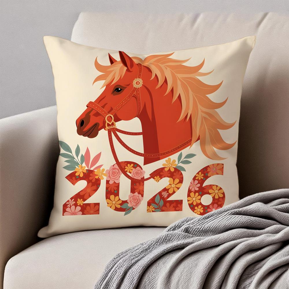The Chinese Lunar New Year Horse Cushion Cover Pillowcase Antidustmite Invisible Zipper Short Plush Sofa Cushion