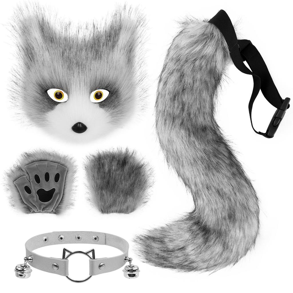 Halloween Fox Mask & Gloves with Plush Tail and Collar Set for Cosplay