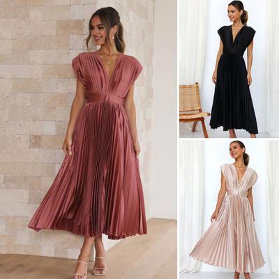 Robe plissée sans manches pour femmes, col en v, respirante, ample, fermeture éclair, tenue décontractée, élégante pour le bureau