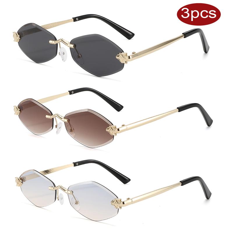 

3Pcs Vintage Small Polygonal Sunglasses For Women Luxury Brand Rimless Rhombus Sun Glasses Woman Fashion Metal Shades Eyewear