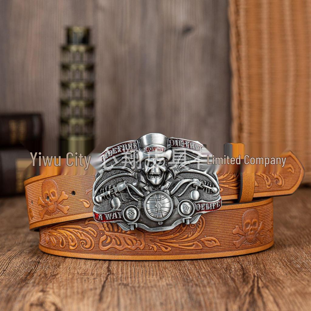 Men's Skull Embossed Leather Belt with Large Buckle - Trendy PU Design