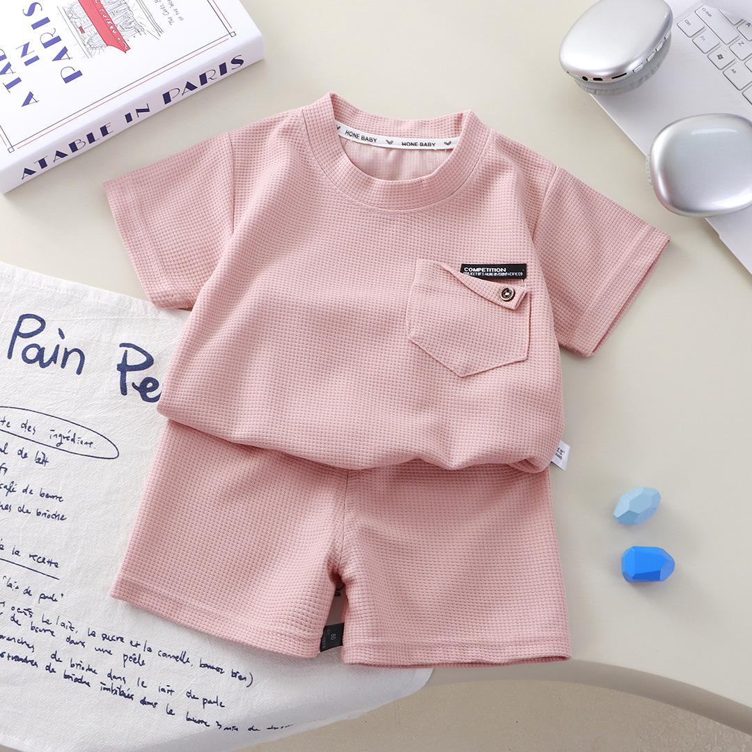 

Новый детский летний вафельный комплект с коротким рукавом – Повседневная спортивная одежда для мальчиков и девочек, свежий и тонкий костюм-двойка 80 cm розовый