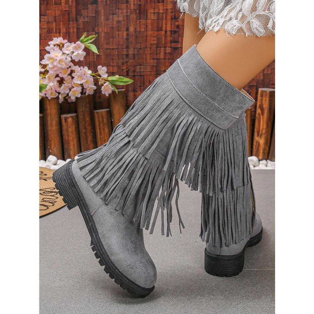 Dámské semišové boty s dvojitým třásněm, kotníkové boty na robustním středním podpatku se zipem na boku a kulatou špičkou, široké lýtko, nadměrné velikosti, dlouhé boty na podzim/zimu