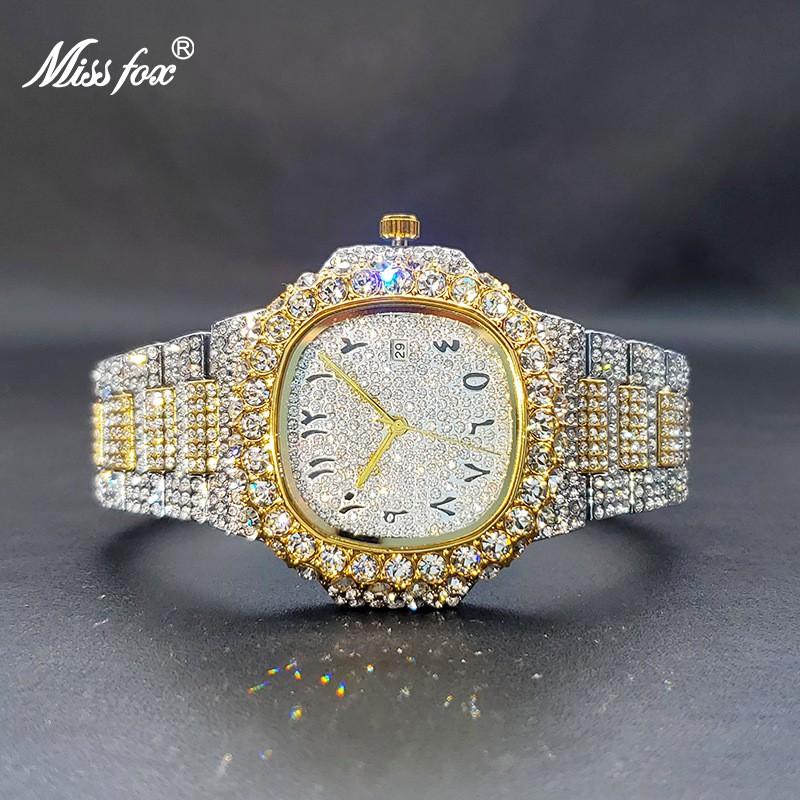 MISSFOX Womens Gold Hip Hop Watch Arabic Numeral Dial Quartz Wristwatch