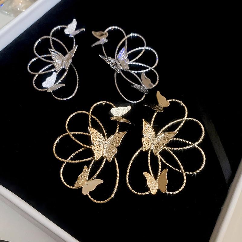 Metallic line flower butterfly silver needle stud earrings temperament geometric earrings