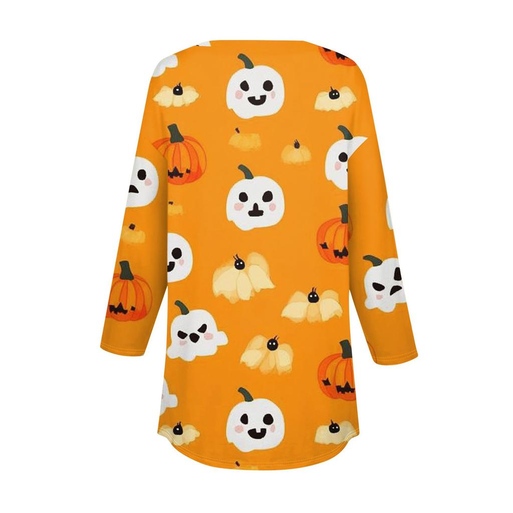 Women's Fashion Loose Button Collar Halloween Print Long Sleeve T-Shirt Top Pullover