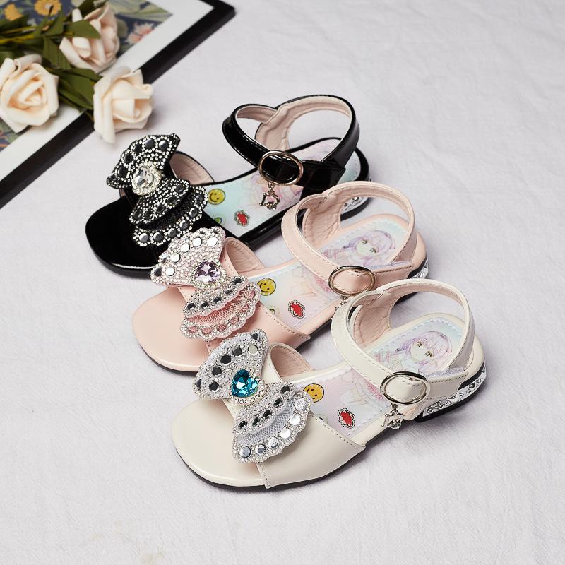 Kids Shoes Princess Versatile Casual Shoes Open-toe Low Heels Rhinestones 2024 New Soft Hook & Loop Children Non-slip Korean PU