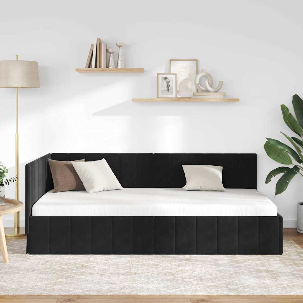 L shaped bed frame with headboard black 100 cm x 200 cm velvet