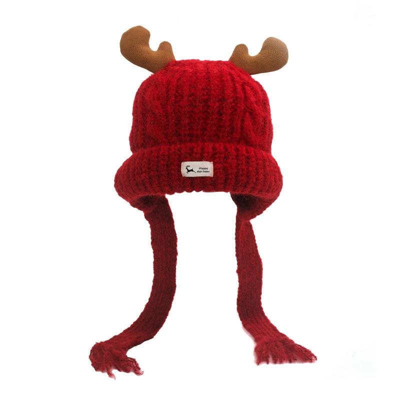 

New Christmas antler hat women s autumn and winter warm beanie big head circumference to show face little elk ear protection hat versatile One size fits all красный