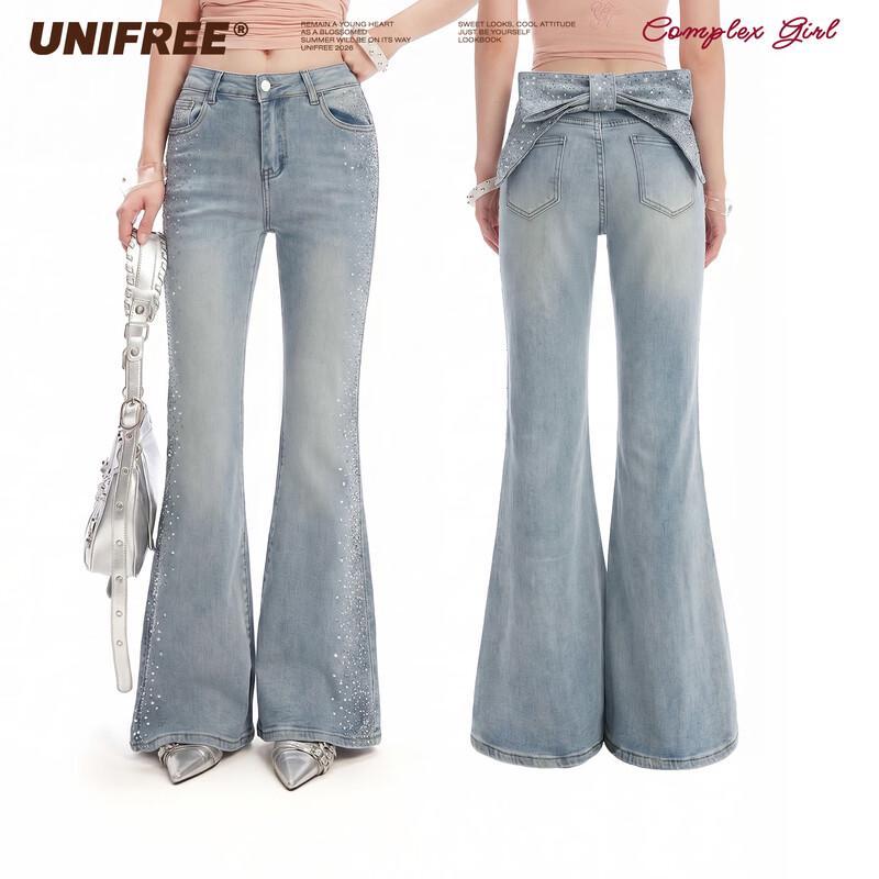 UNIFREE Sweet Cool Rhinestone Flared Jeans with Bow