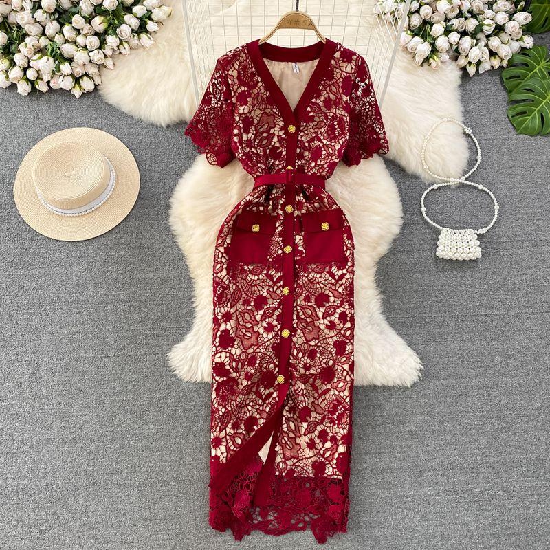 

Summer Professional Single-Breasted Lace Dress Short Sleeve Red One size