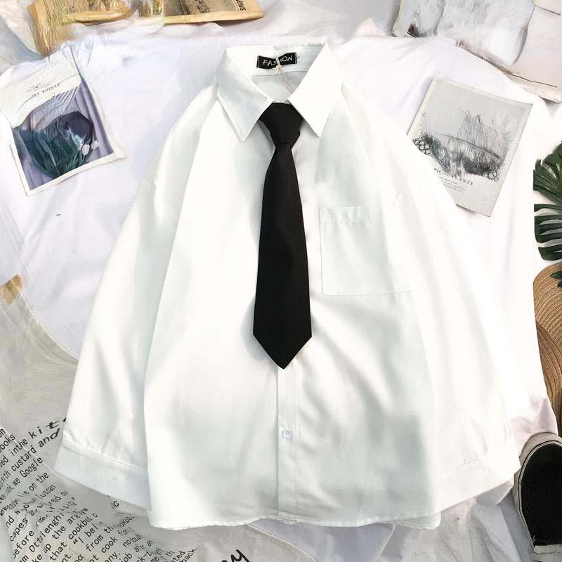 Blusas brancas de manga comprida femininas, camisas soltas sólidas para estudantes, blusas pretas com lapela, camisas grandes com gravata