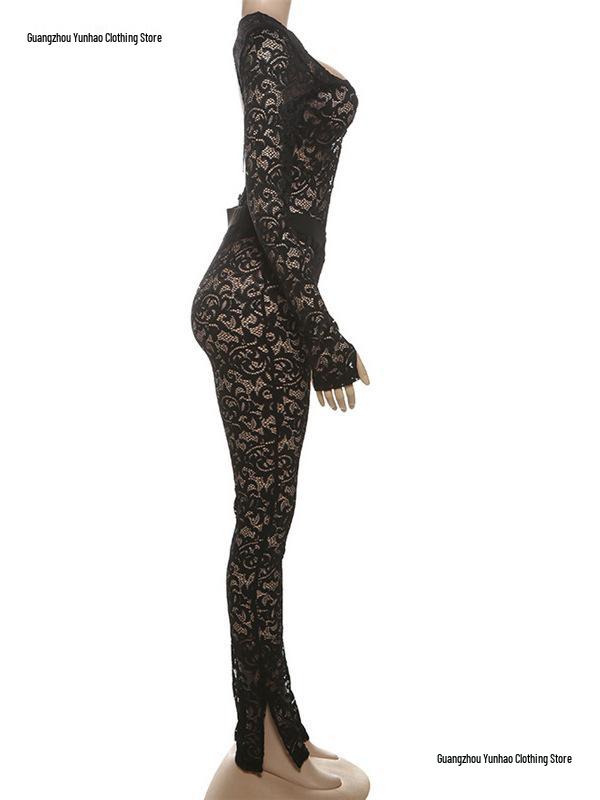 European & American Style 2026 Autumn Street Hot Girl Lace See-through Tight-fitting Pants Set