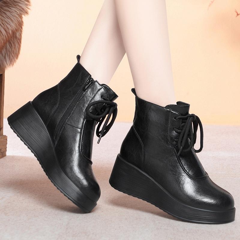 

Winter Fashionable and Convenient Side Zipper Fleece-lined Warm Fashion Leather Boots Lace-up Women s Boots Thick-soled Wedge Heel Soft Leather Boots 35 чёрный