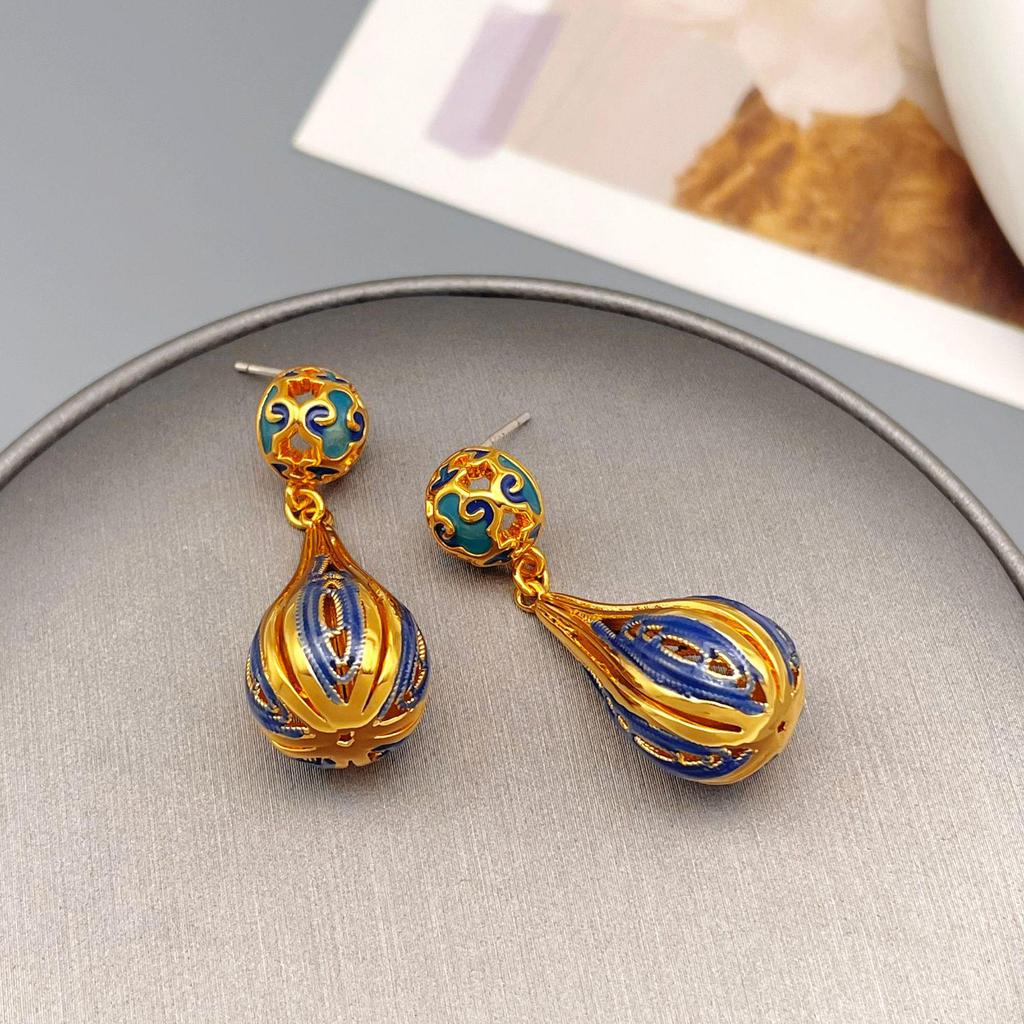 High-End Chinese Water Drop Enamel Earrings - Luxurious Long Silver Needle, Trendy Ancient Style for Women
